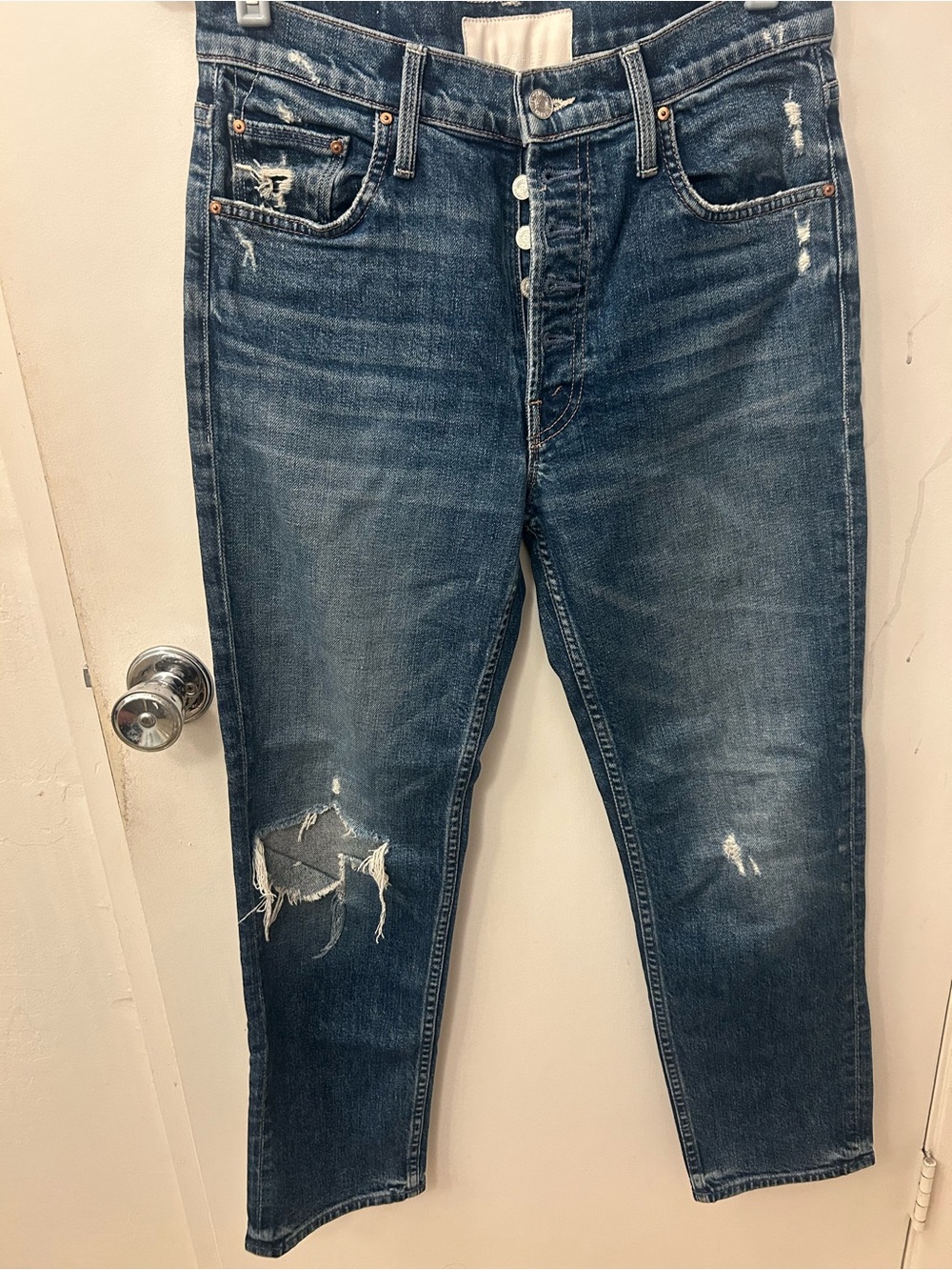 MOTHER Distressed Dark Blue Ankle Crop Jeans
